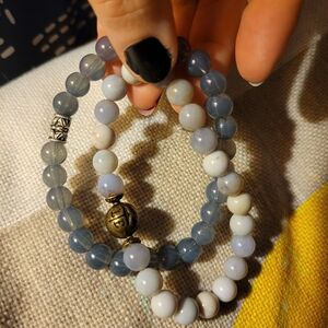 Amazonite & Blue Chalcedony Beaded Stretch Bracelet with Gold & Silver Accent